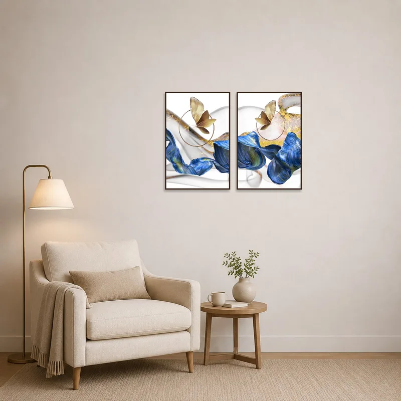 Cozy reading corner with butterfly and waves art adding visual interest.