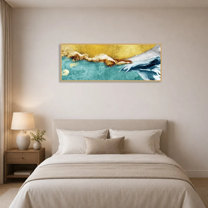 Bedroom art display featuring abstract coastal waves with calming earth colors.