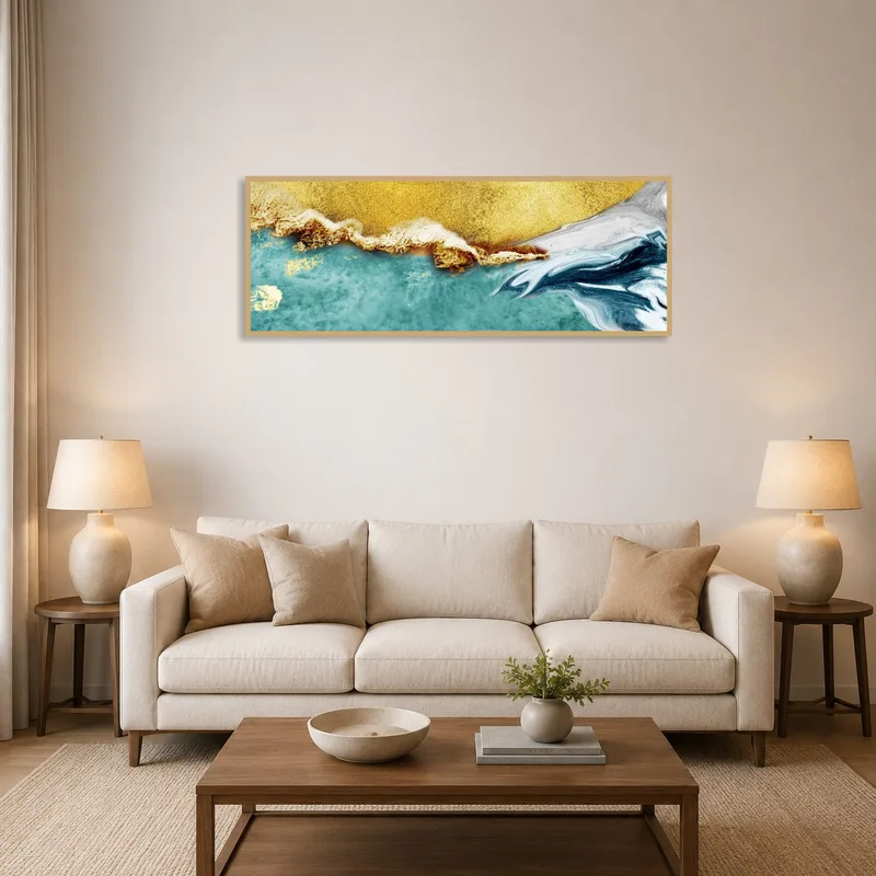 Abstract coastal waves artwork in a living room with earth-tone decor elements.