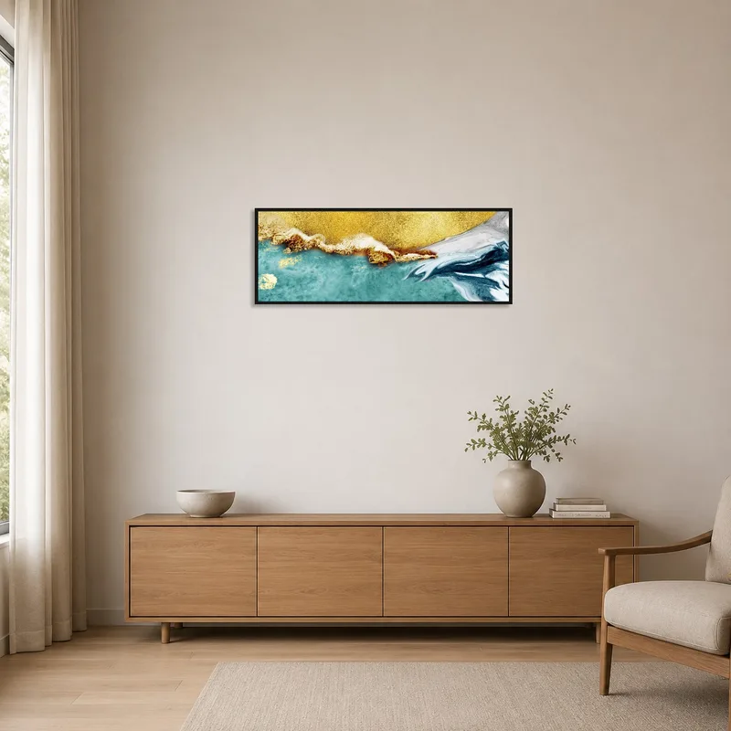 Minimalist room featuring abstract coastal waves artwork in soft earth tones.