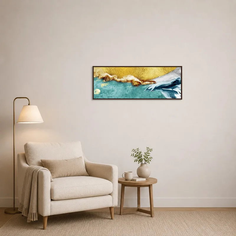 Reading corner highlighted by an abstract coastal waves artwork in subtle earth tones.