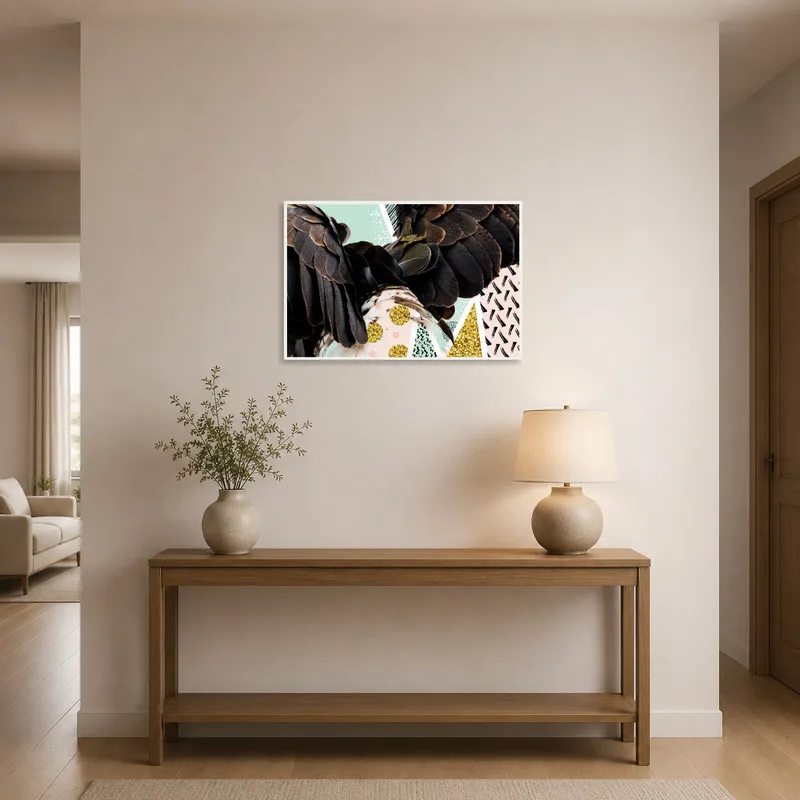 Eye-catching abstract collage with feather motifs welcomes guests in the entrance hall.