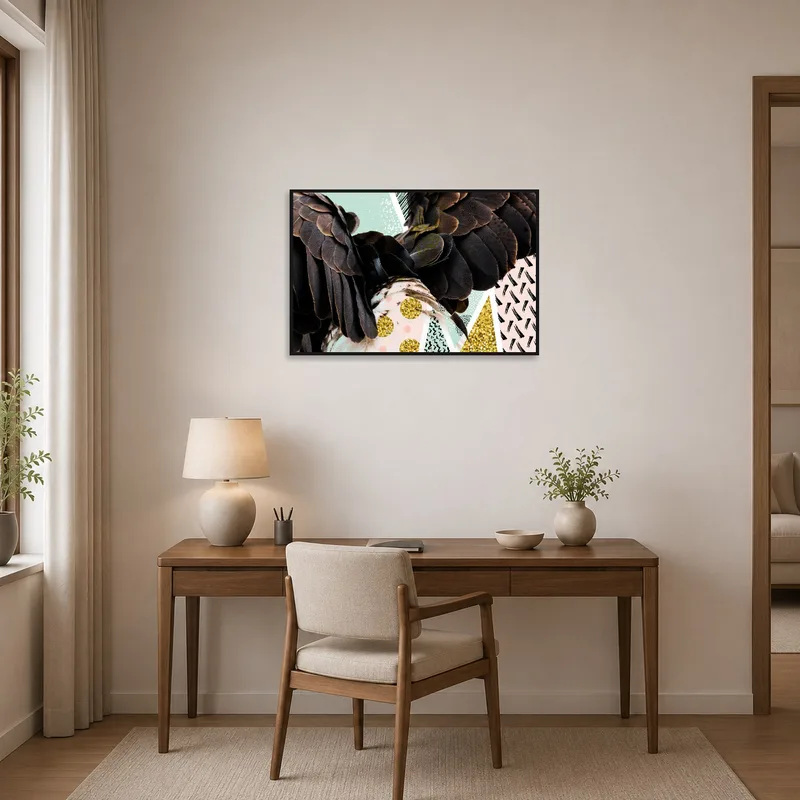 In a home office, the abstract collage inspires creativity with its vivid patterns.