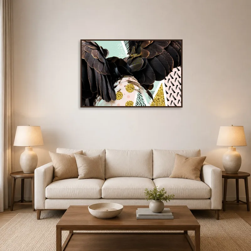 Colorful abstract collage with bird feathers on a living room wall above a modern sofa.