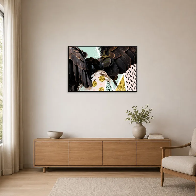 Abstract collage featuring bird feathers complements a minimalist room's clean lines.