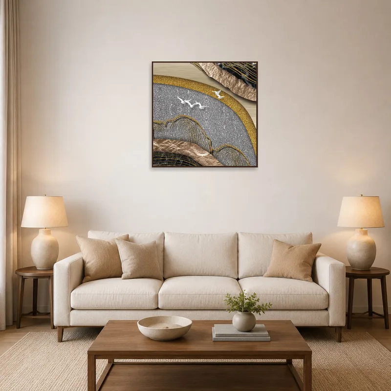 Abstract composition with metallic textures on living room wall above a modern sofa.
