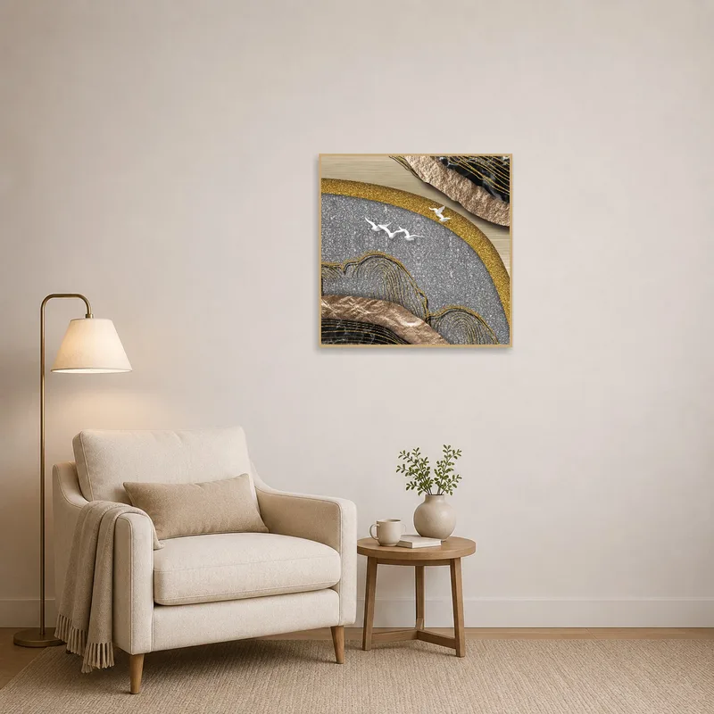 Abstract piece brings texture and intrigue to a cozy reading corner.