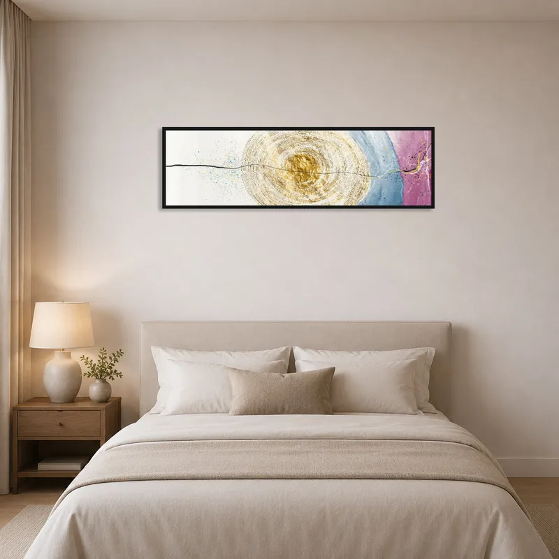 Ethereal cosmic energy art bringing tranquility to a serene bedroom.