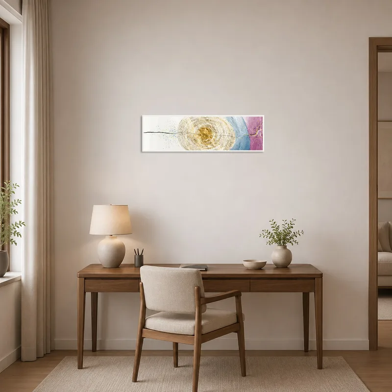 Vibrant cosmic abstract piece inspiring a creative home office space.