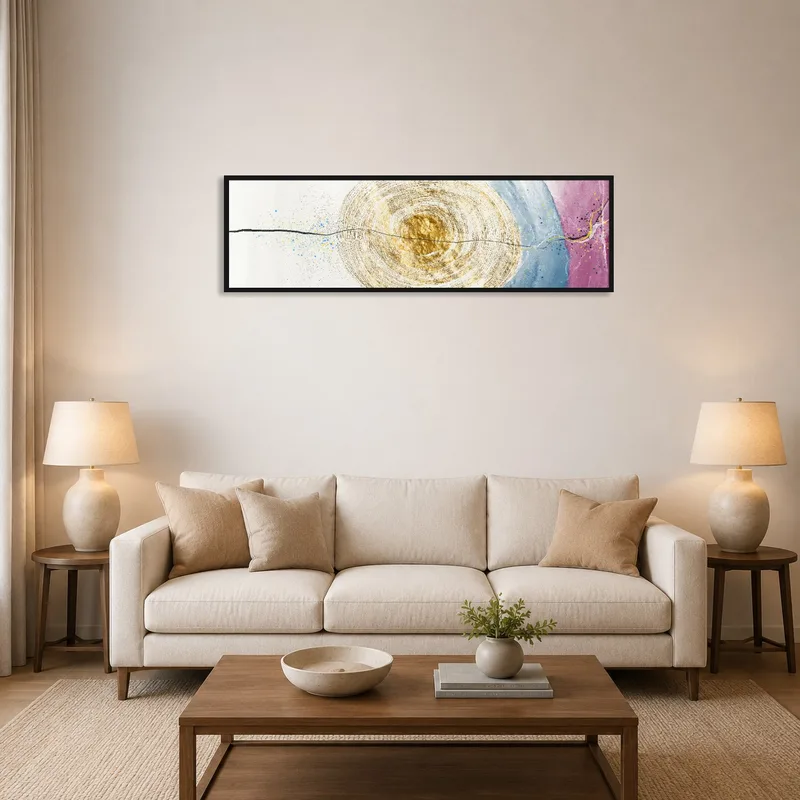 Panoramic abstract cosmic art hung above a modern couch in the living room.
