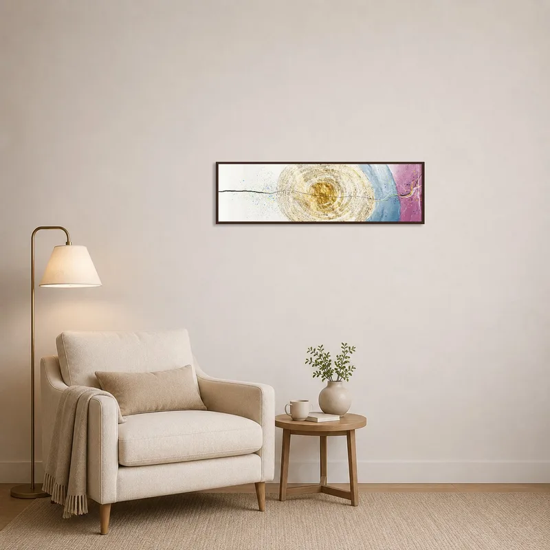 Colorful cosmic abstract art providing inspiration in a cozy reading corner.