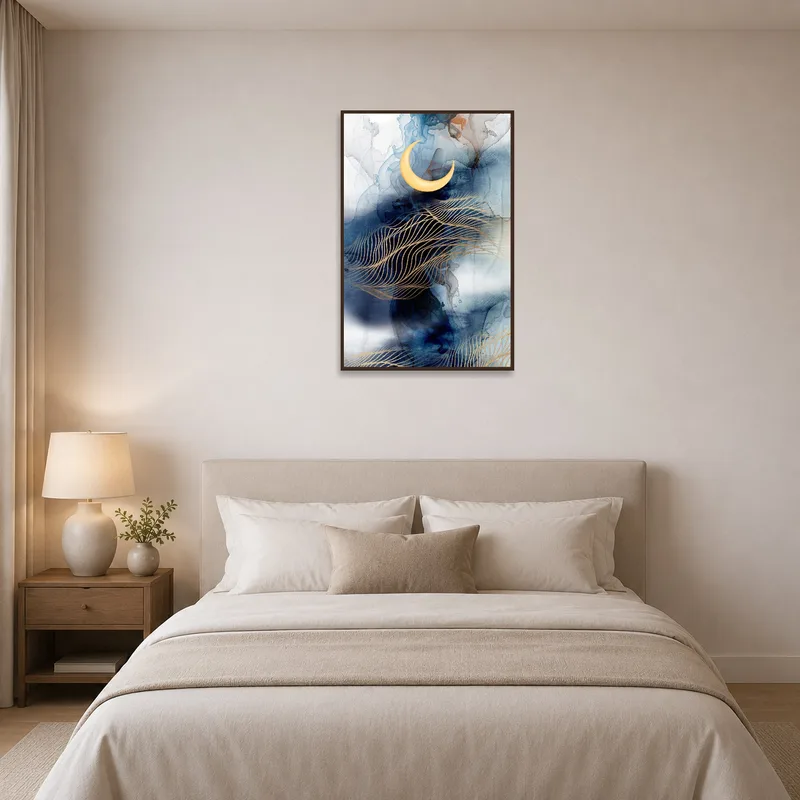 Abstract moon art providing a calming focal point in a serene bedroom.