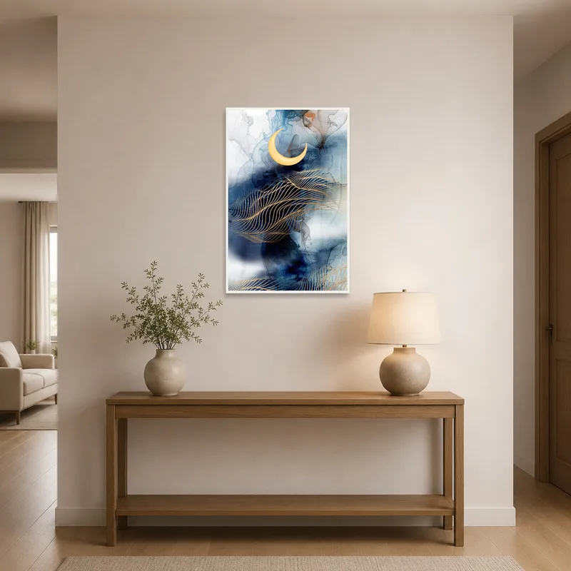Abstract moon art greeting visitors in a bright and airy entrance hall.