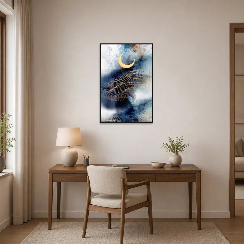 Abstract moon art inspiring creativity in a tidy and organized home office.
