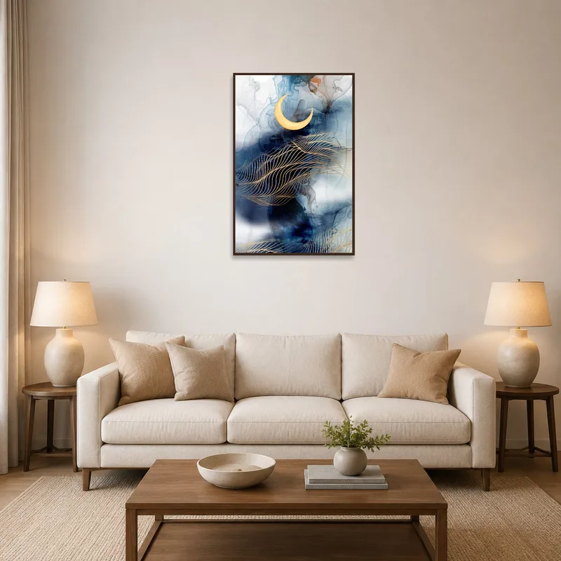 Abstract moon art above a cozy sofa with warm lighting in a modern living room.