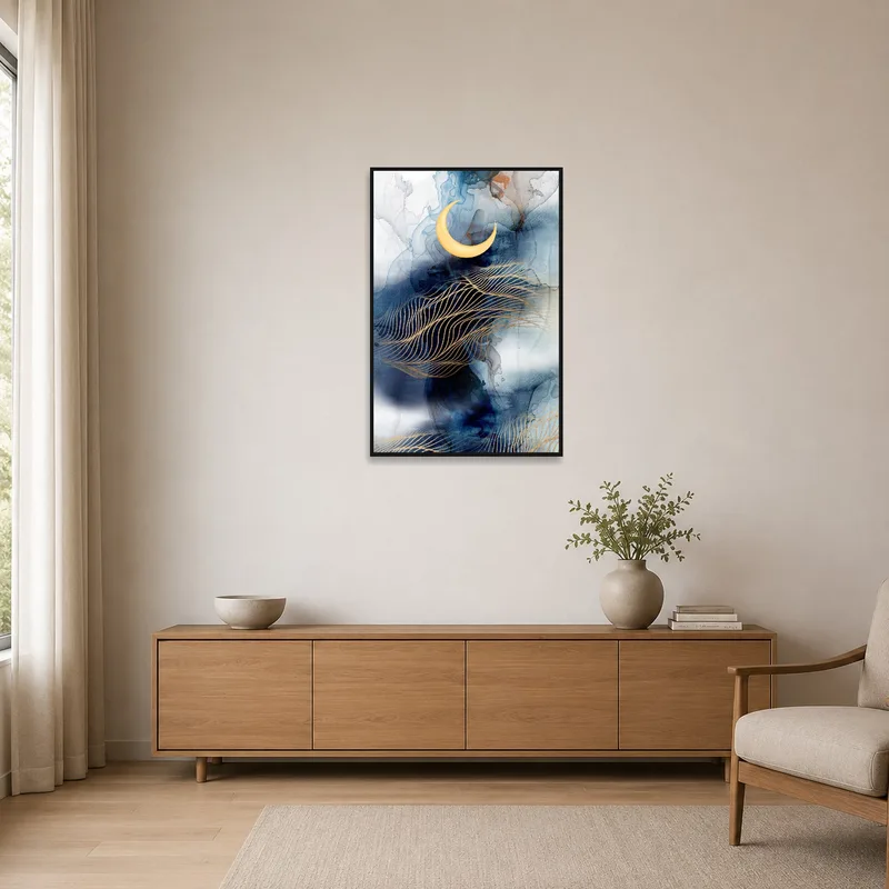 Abstract moon art on a clean white wall in a sparse minimalist setting.