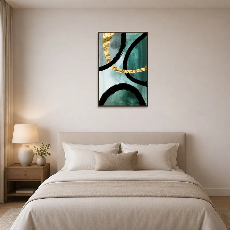 Teal and gold abstract art adding elegance to a serene bedroom.