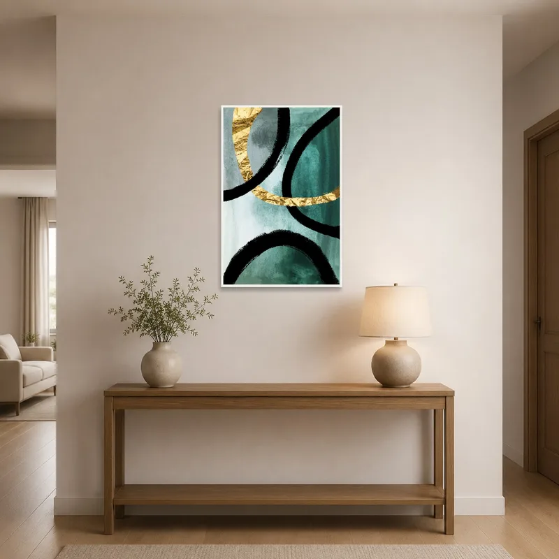 Teal and gold abstract art welcoming guests in an entrance hall.