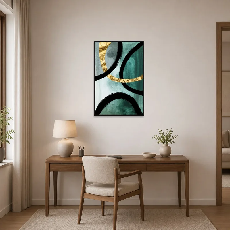 Teal and gold curves art inspiring creativity in a home office.