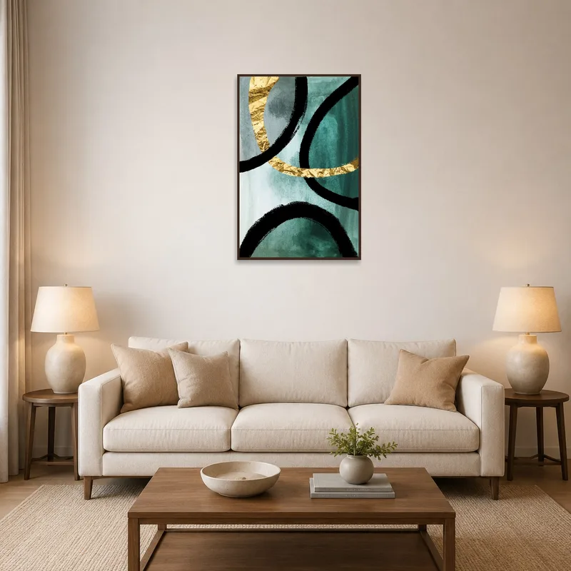 Teal and gold abstract curves art above a modern sofa in the living room.