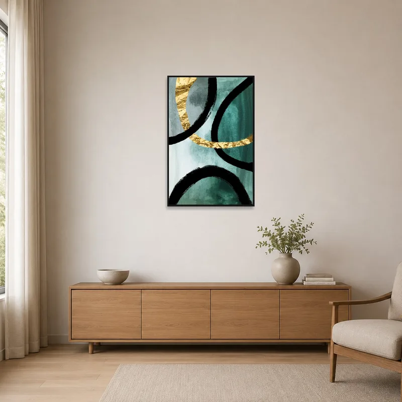 Abstract curves art in teal and gold on a clean, simple wall.