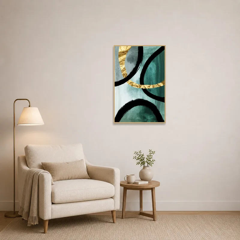 Teal and gold curves artwork enhancing a cozy reading corner.
