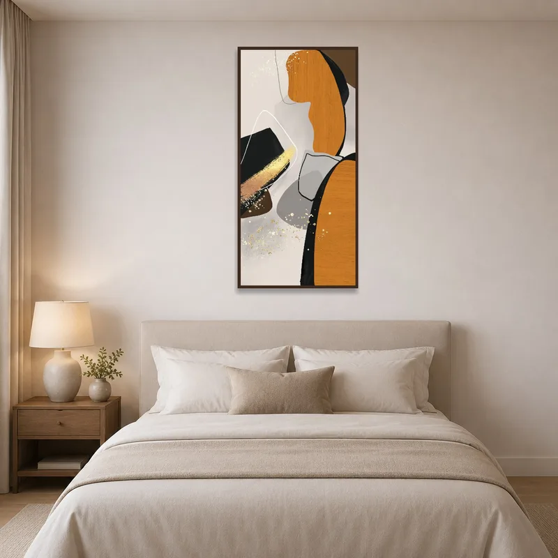 Bedroom showcasing Abstract Earth Tones and Gold Accents, complementing soft linens and ambient lighting.
