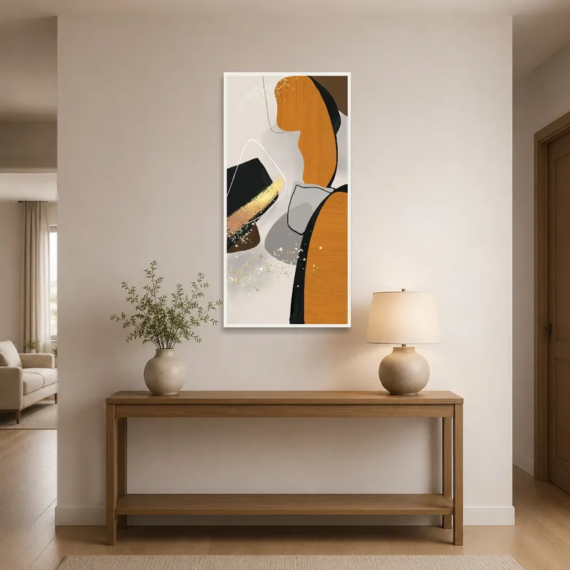 Abstract Earth Tones and Gold Accents in the entrance hall, welcoming with its layered hues by a coat rack.