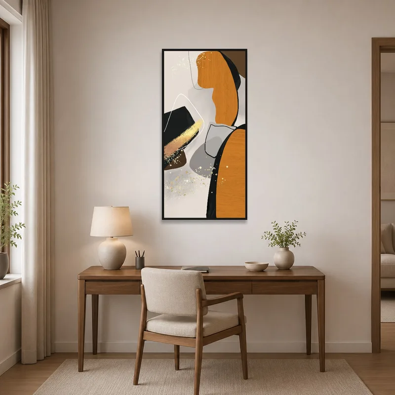 Home office featuring Abstract Earth Tones and Gold Accents bringing elegance over the desk workspace.
