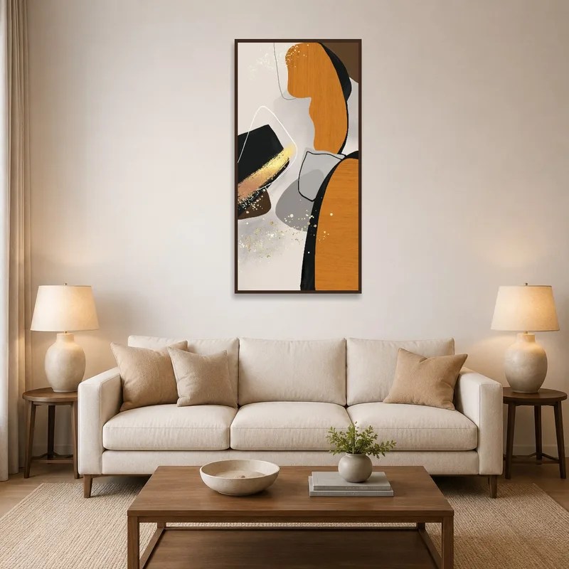 Abstract Earth Tones and Gold Accents on a living room wall next to a plush sofa and coffee table.