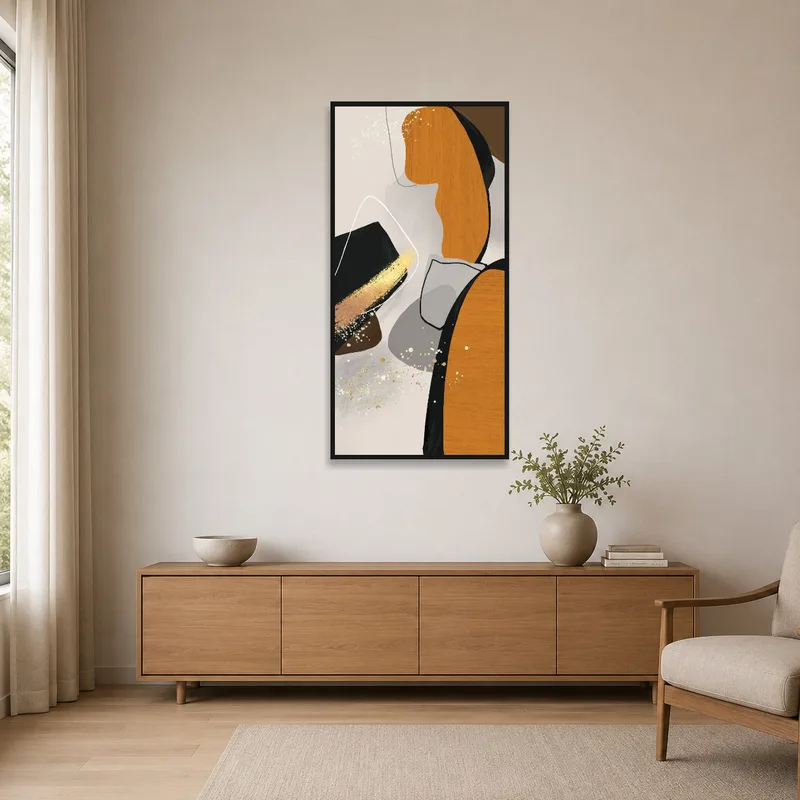 Minimalist setting with Abstract Earth Tones and Gold Accents adding warmth above a sparse sideboard.