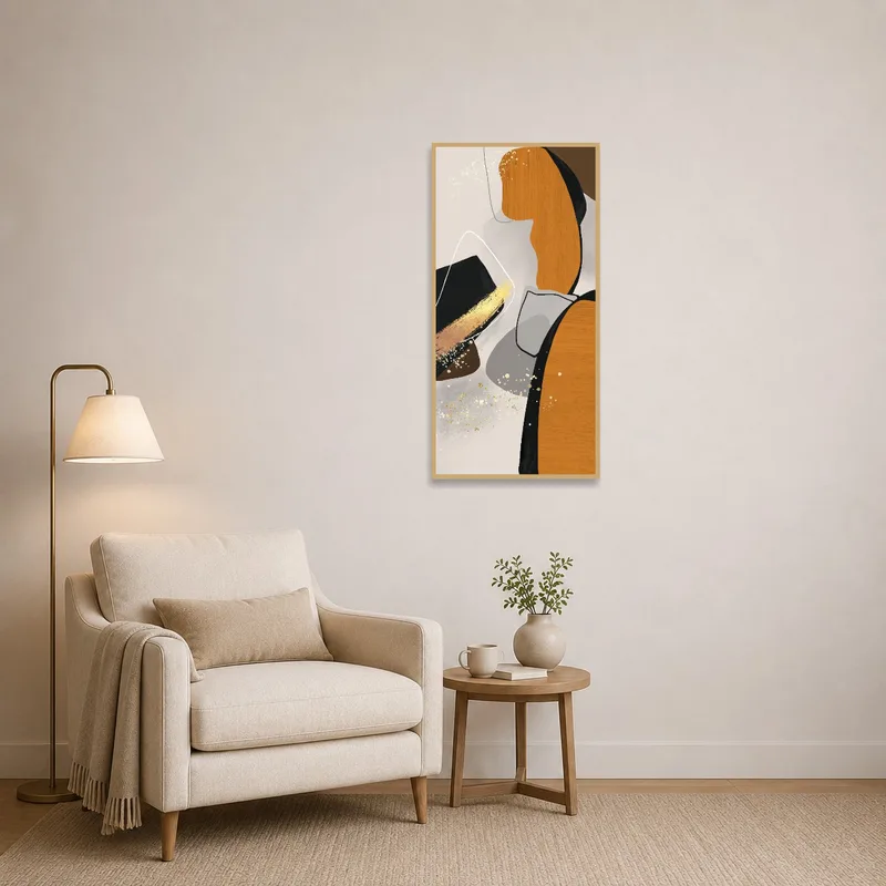 Reading corner featuring Abstract Earth Tones and Gold Accents enhancing tranquility near a comfy armchair.