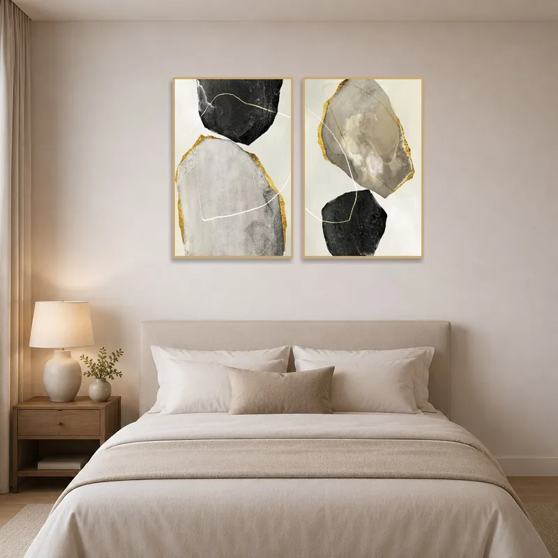 Bedroom atmosphere enriched by soothing earth tones and gold abstract art.