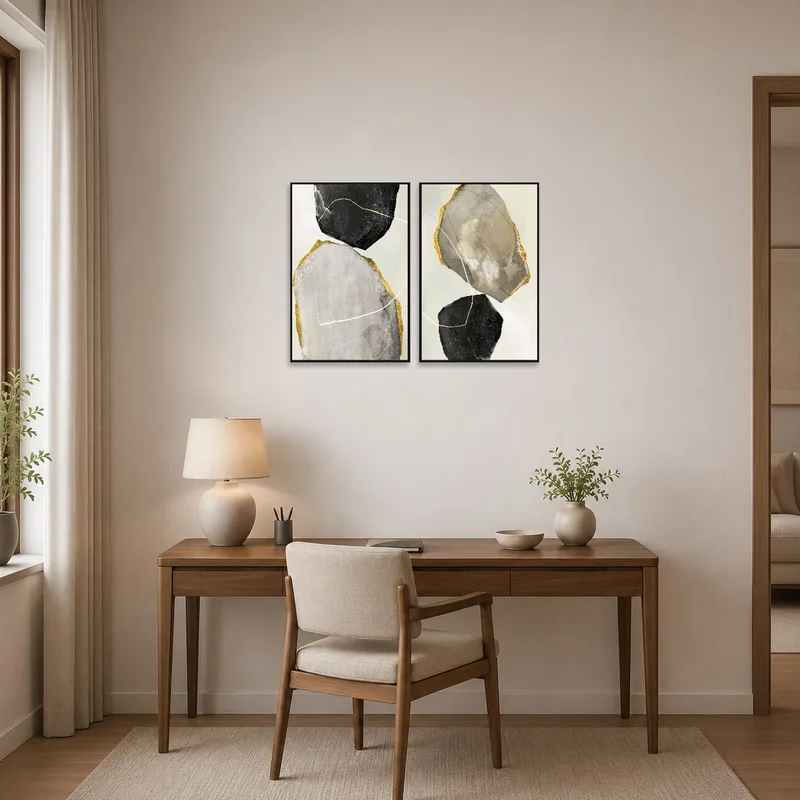 Earth tones and gold artwork lending sophistication to a home office space.