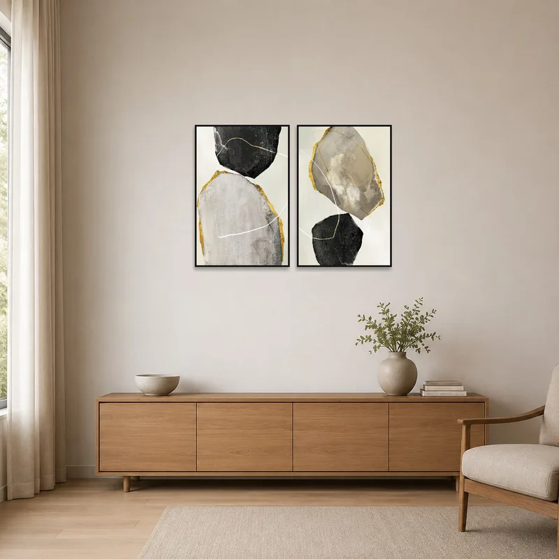 Minimalist room enhanced by earth tone and gold abstract piece on a white wall.