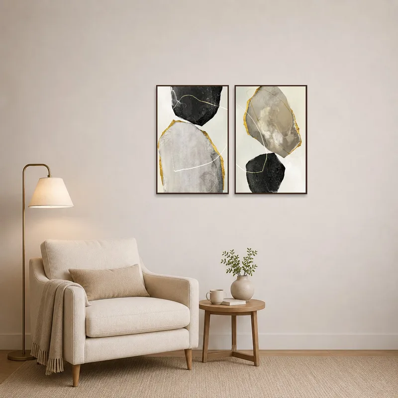 Reading corner with earthy abstract art adding a splash of warmth and luxury.
