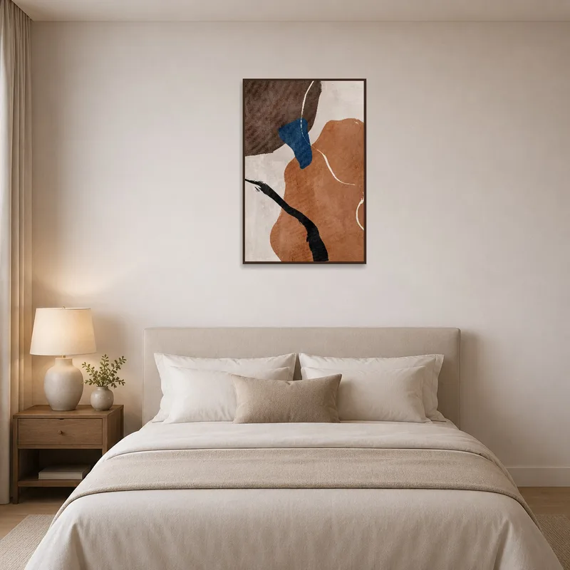 Serene earth-colored geometric art in the bedroom.