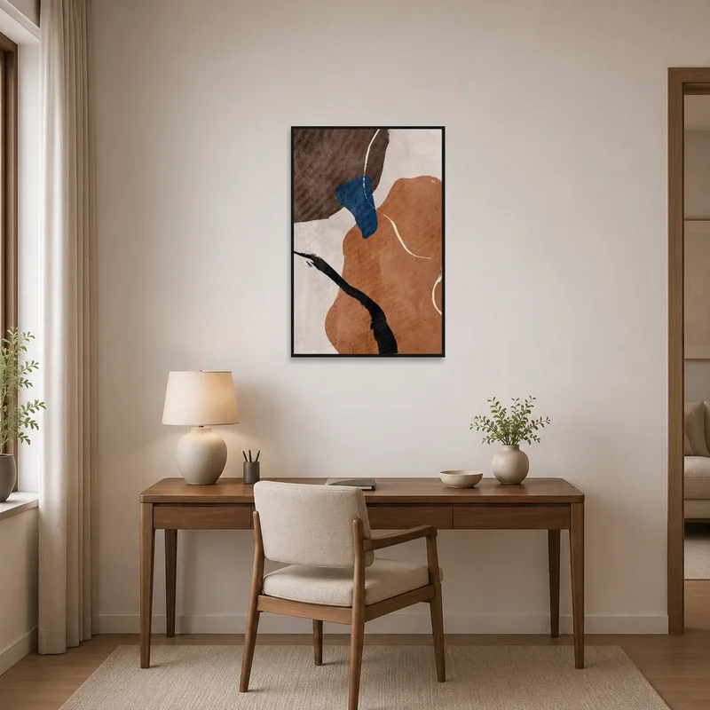Geometric canvas art providing focus in a home office.