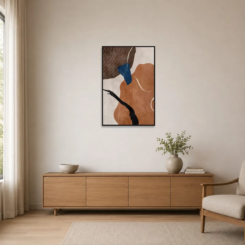 Earth-toned geometric art complementing a minimalist room.