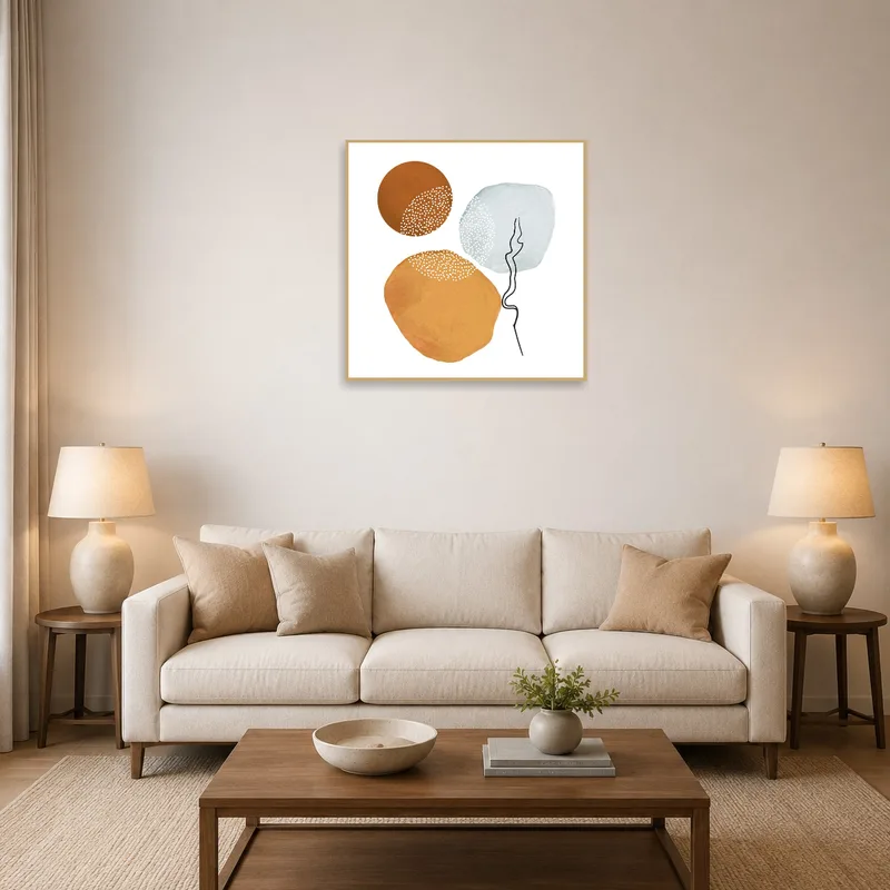 Abstract earth tones circle art on a living room wall adding warmth and style.