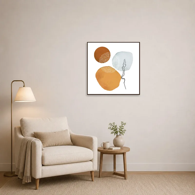 Reading corner with earthy circle art creating a calm atmosphere.
