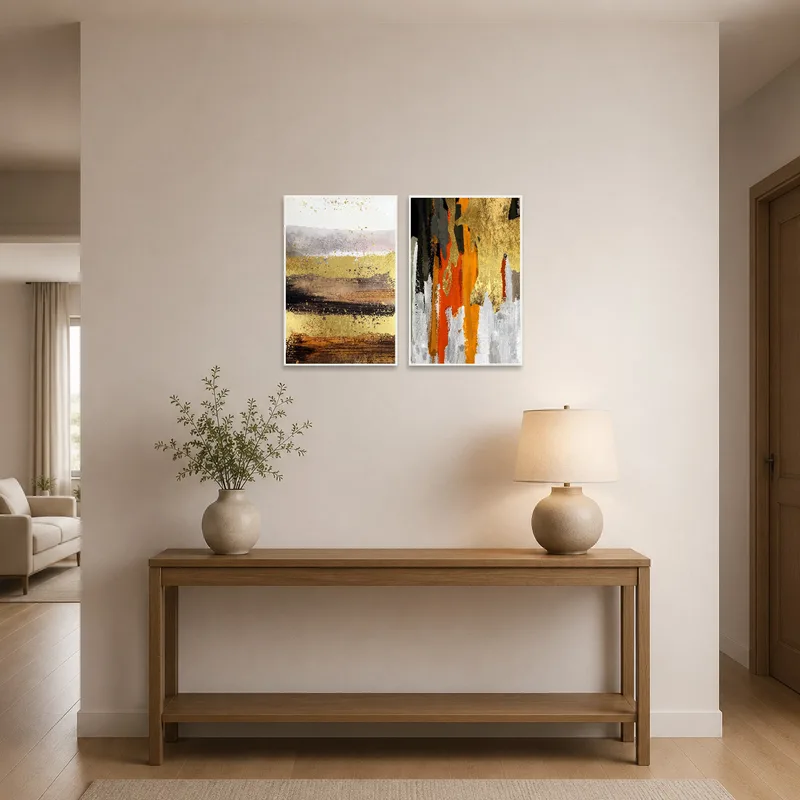 Entrance hall showcasing a set of abstract earthy textured art pieces.
