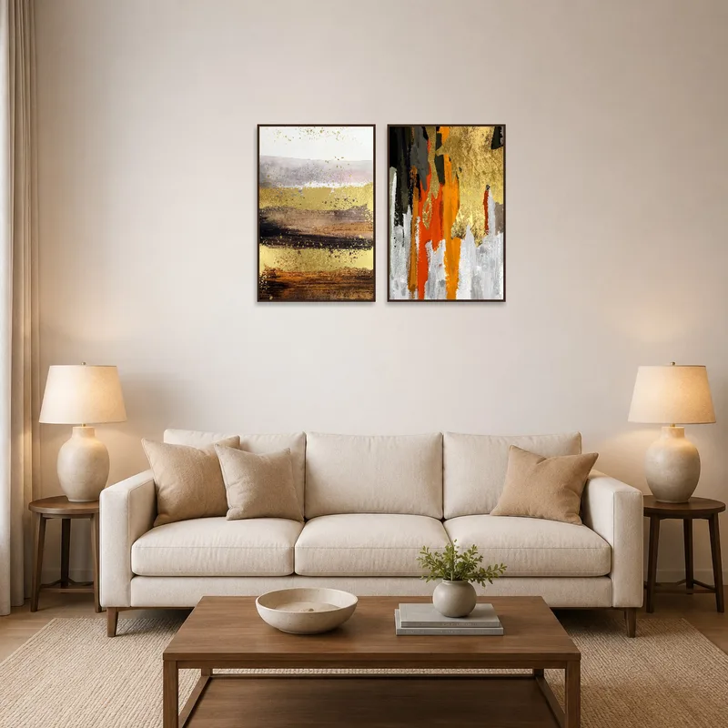 Abstract earth tones art set displayed above a modern living room sofa.