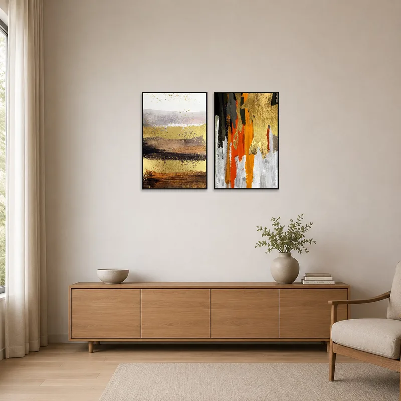 Minimalist space featuring an abstract earth-toned textured art print set.