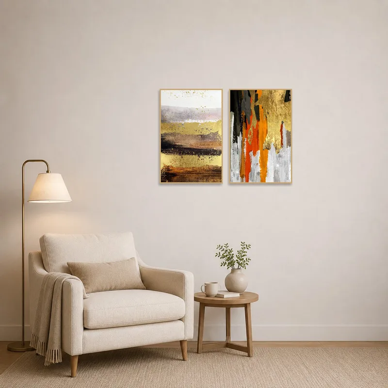 Reading corner enhanced with abstract earth-toned art prints set on the wall.