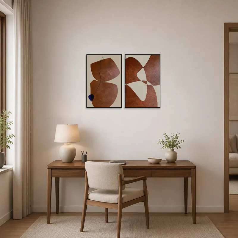 Earth tones triptych set providing inspiration and elegance in a modern home office.