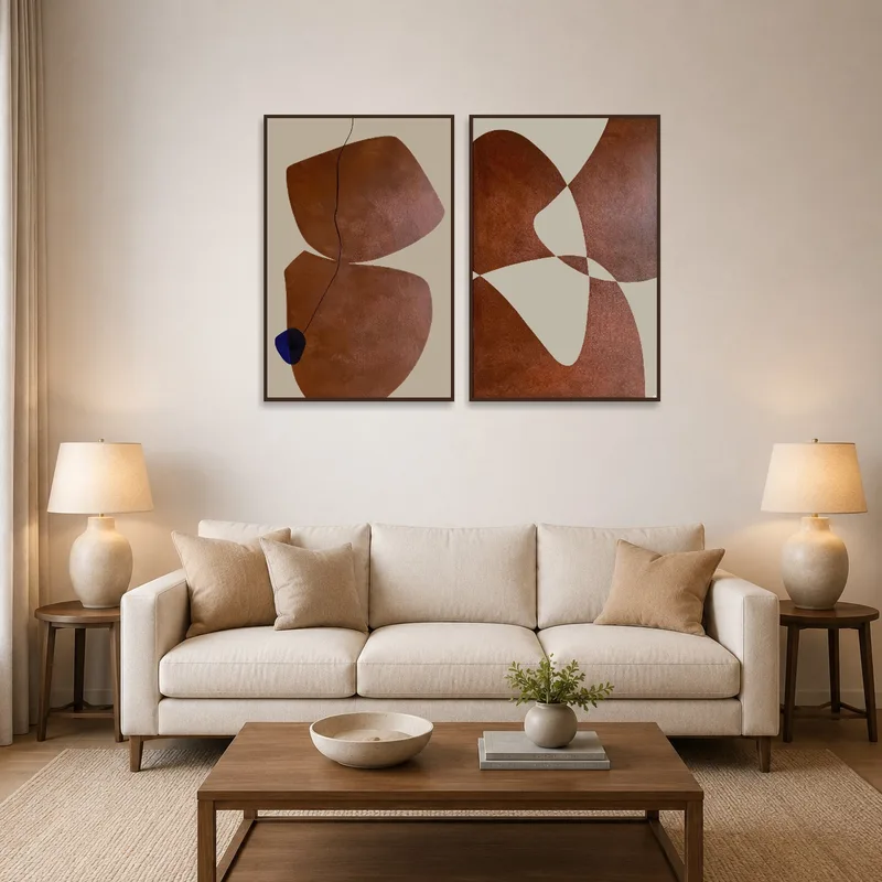 Triptych art set in warm earth tones adorns a cozy living room wall above a modern sofa.