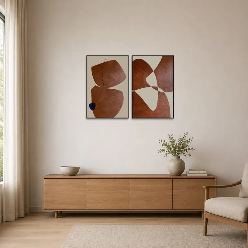 Abstract earth tones triptych enhancing the simplicity of a minimalist room with its subtle hues.