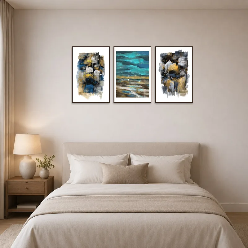 Bedroom ambience complemented by abstract earth tones set.