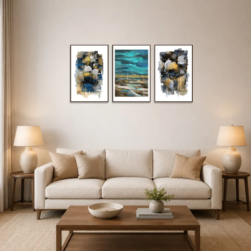 Abstract earth tones triptych adding warmth to a living room.